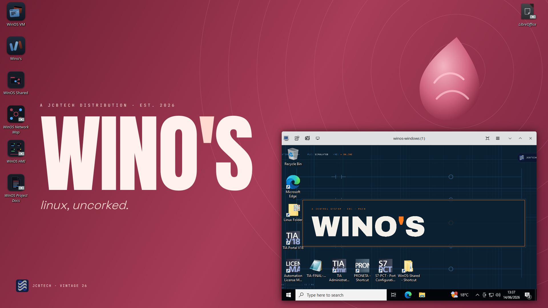 Wino's desktop — a JCBTech Linux distribution running TIA Portal in a virtualised Windows environment